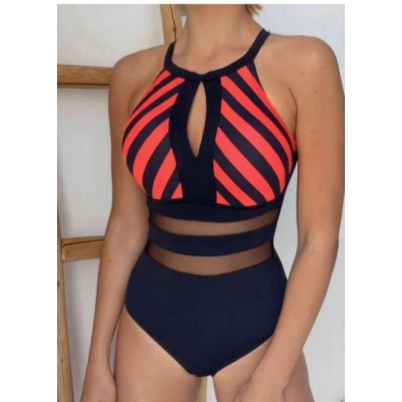 Nylon fabric new striped printing sexy backless mesh splicing one-piece women's swimsuit