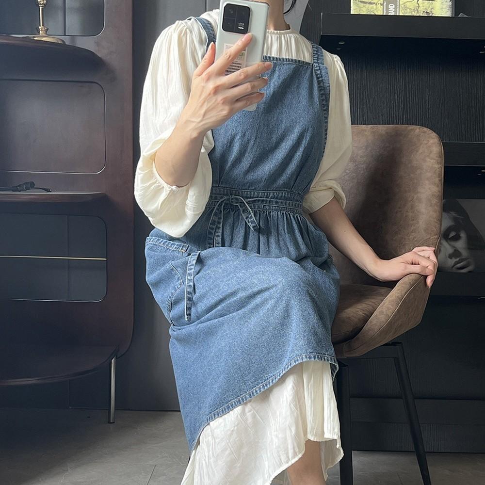 Vintage Denim Apron Cotton Canvas Premium Stain-Resistant Apron Machine Washable Adjustable Waist Heavy-Duty Apron Unisex