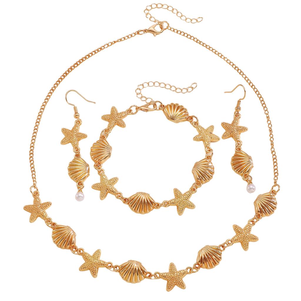 Gold Plated Starfish & Shell Jewelry Set, Ocean Themed Necklace, Earrings & Bracelet for Women