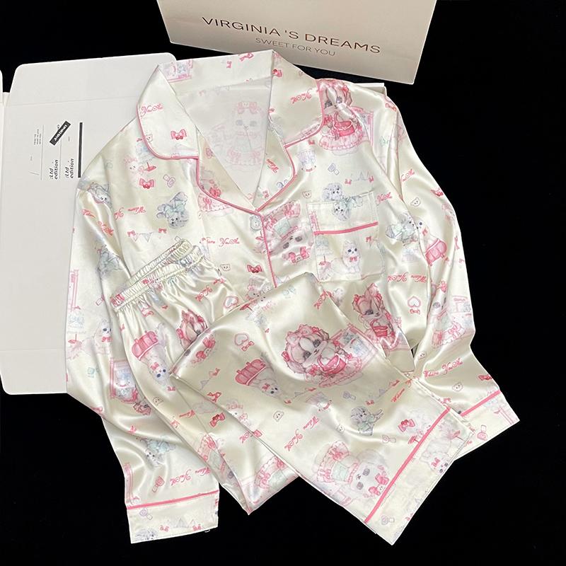 Pyjamas Damen Seiden-Langarmpyjamas Pyjama-Anzug mit Blumendruck Hochwertige Eisseide Kann Draußen Als Pyjama Für Zu Hause Getragen Werden