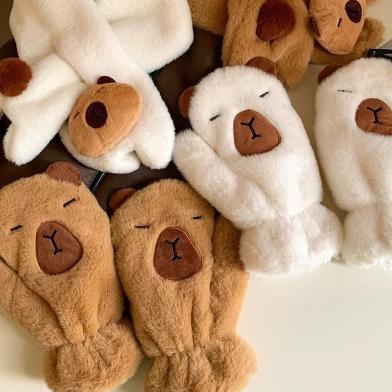 Lovely Plush Capybara Cartoon Scarf and Glove Set for Warmth Stylish Winter Wear Handwear and Neck Gaiter for Women Kids
