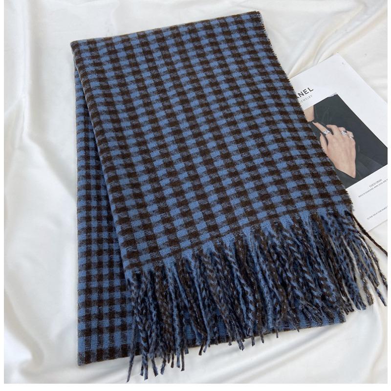 Scarf Women's Winter New Warm Retro Plaid Contrasting Color Thousand Bird Plaid Knitted Scarf Fringed Shawl