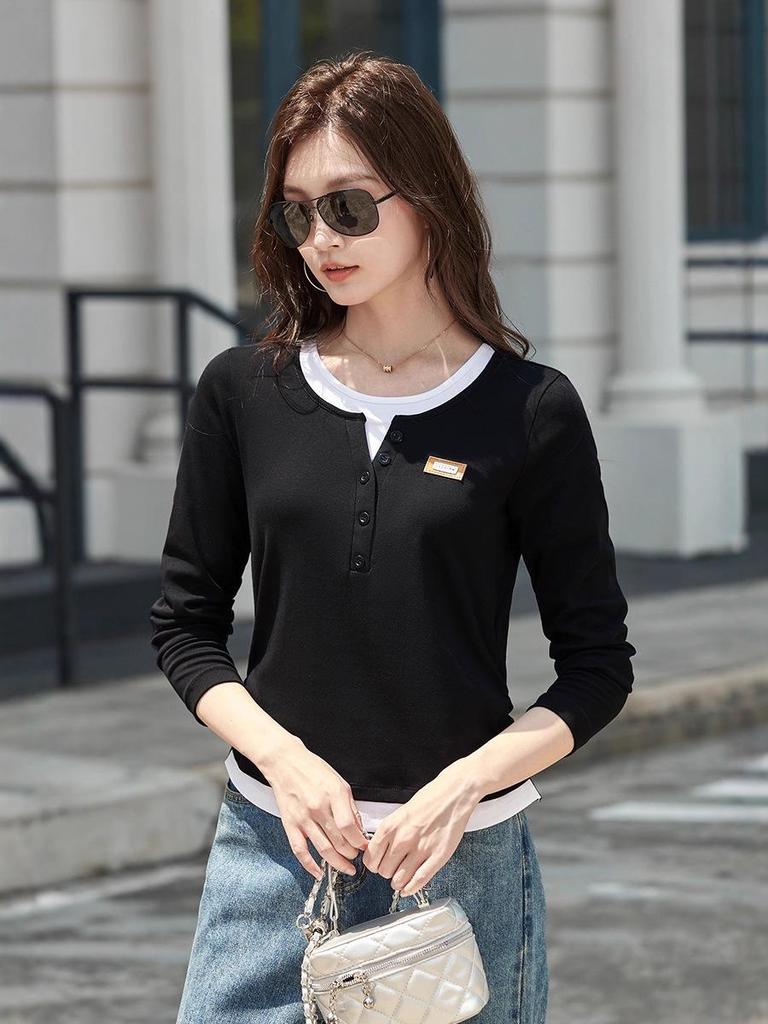 Übergröße Colorblock Langarm T-Shirt für Damen - 2025 Herbstdesign, Taillenformender Fake-Zweiteiler-Stil