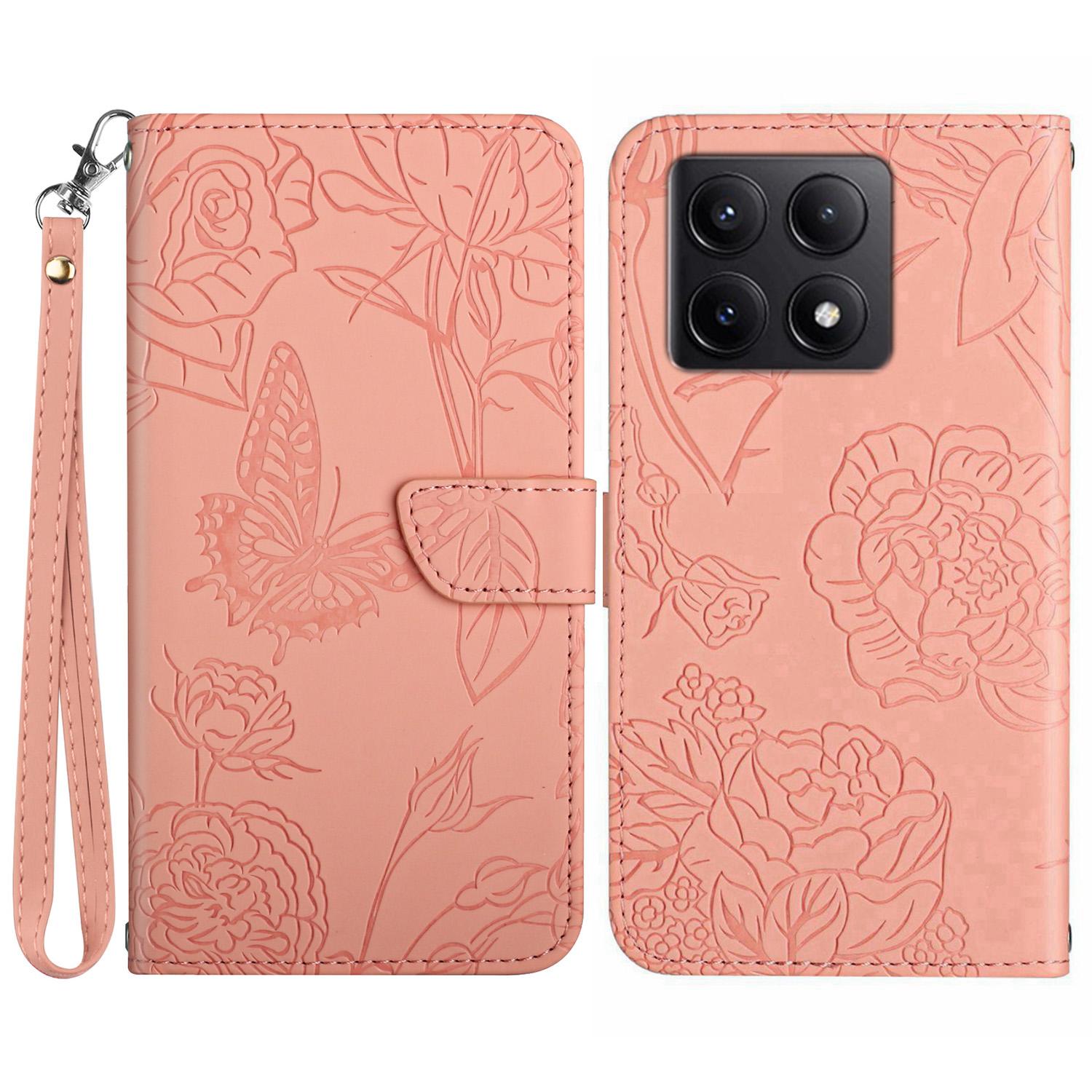 HT03 For Xiaomi 14T Pro Case Butterfly Flower Imprint Leather Phone Cover with Strap C