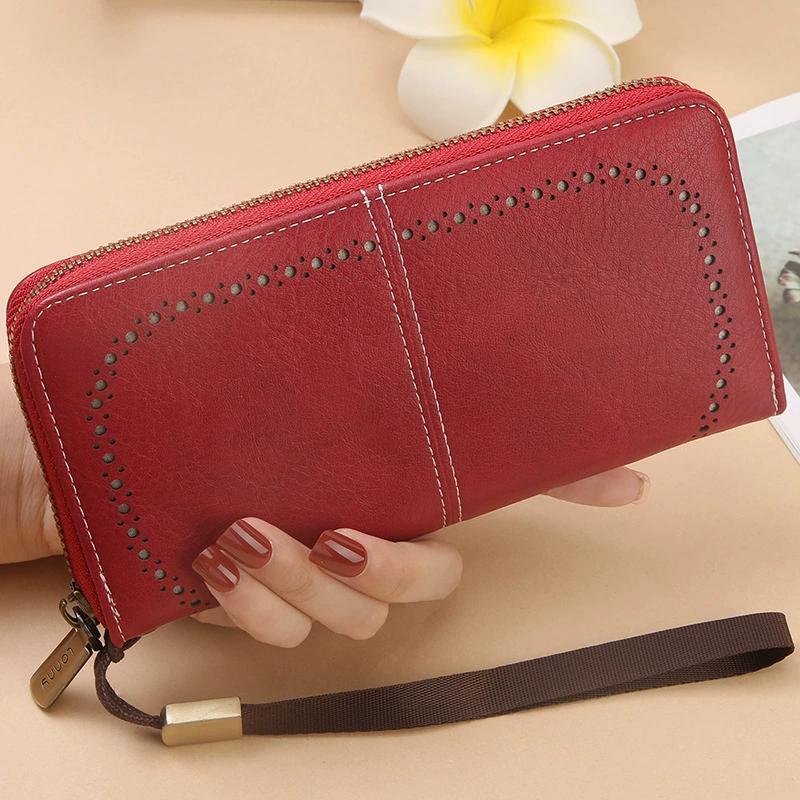 Women Hollow Zipper Wallet Leather Clutch Retro Female Hollow Organ Card Bag Large Capacity Long Mobile Phone Card Holder