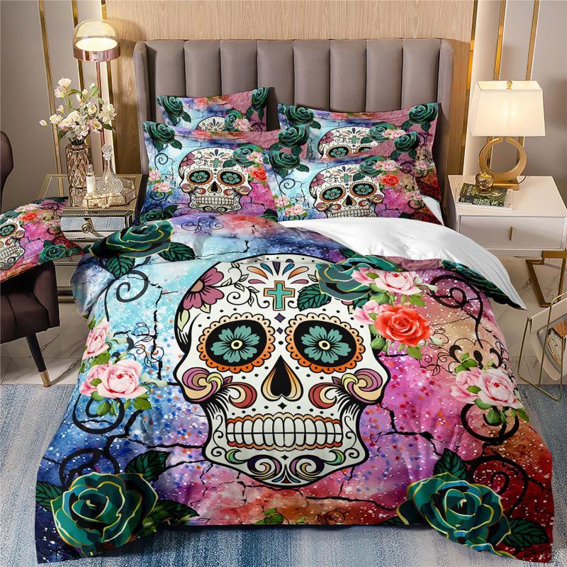 Set de trei piese 3D Textile de casă Lenjerie de pat Schelet Femeie frumoasă Imprimeu Husă de pilotă Cearșaf