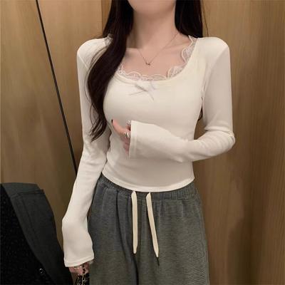 Süßes und Pikantes Pure Lust Style Spitzenbesatz Schleife T-Shirt Damen Winter Samt Unterhemd Pullover Top