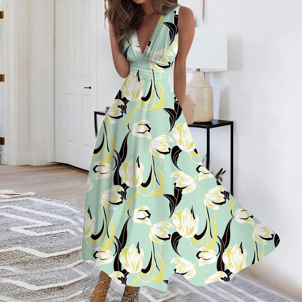 Women's Long Dress Maxi Dress Casual Dress Summer Casual Sleeveless V Neck Boho Waist Retraction Printed Dress