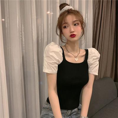 Square Collar Short-sleeved Ice Silk Sweater New Retro Slim Palace Style Short Puff Sleeve Top for Women Summer
