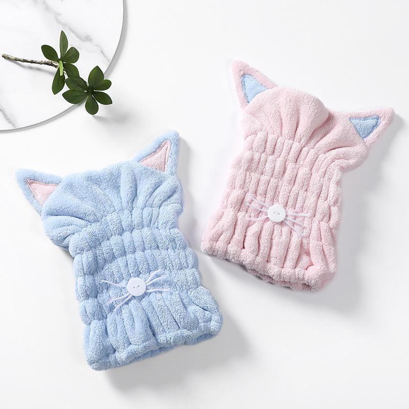 Cute Cat Hair-drying Towel Bath Cap Strong Absorbing Drying Long Soft Special Dry Hair Cap Towel with Coral Velvet