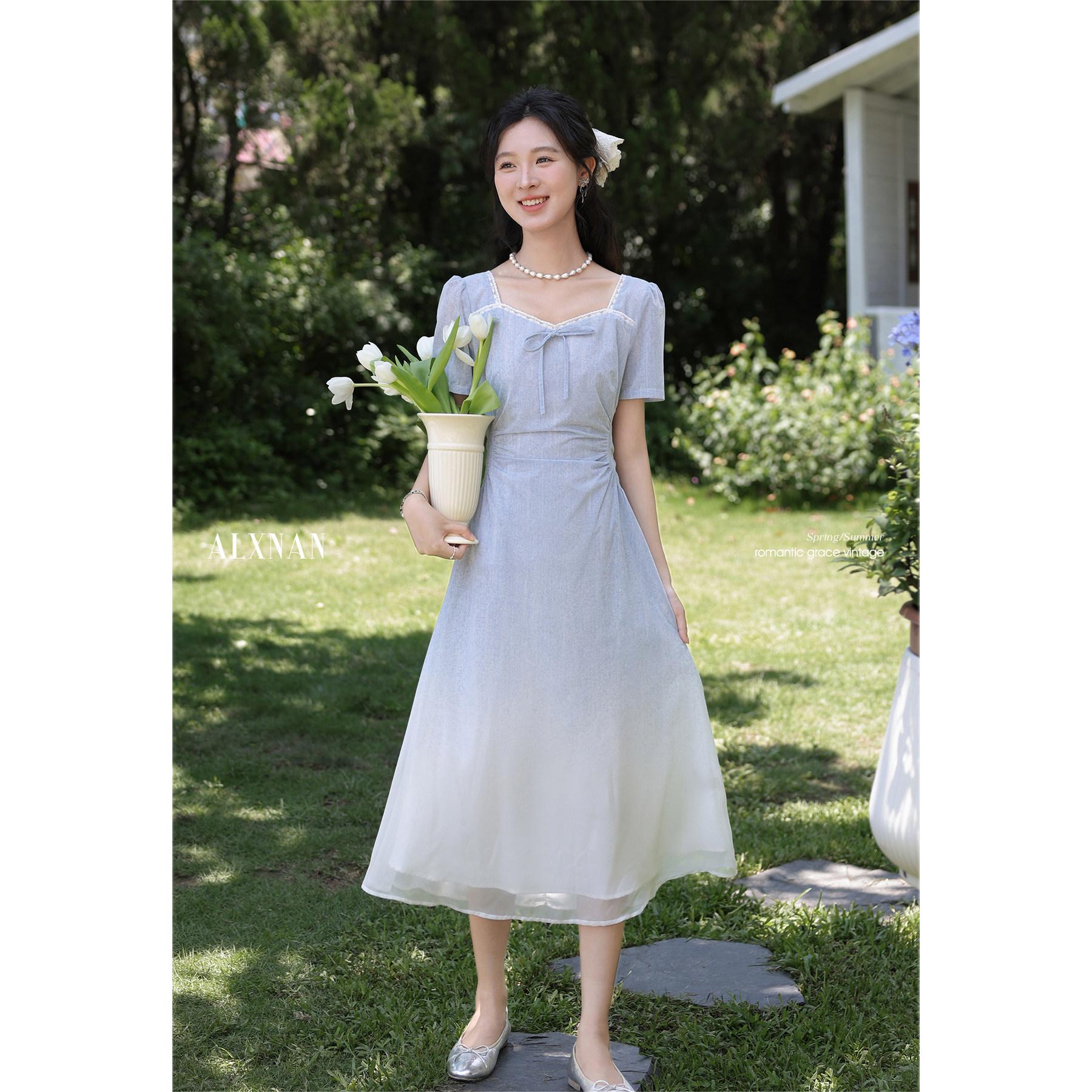 Deer to the South  May Girl  Blue French Square Neck A-line Summer Dress, Women s Short Sleeve Waist-cinching Long Skirt S