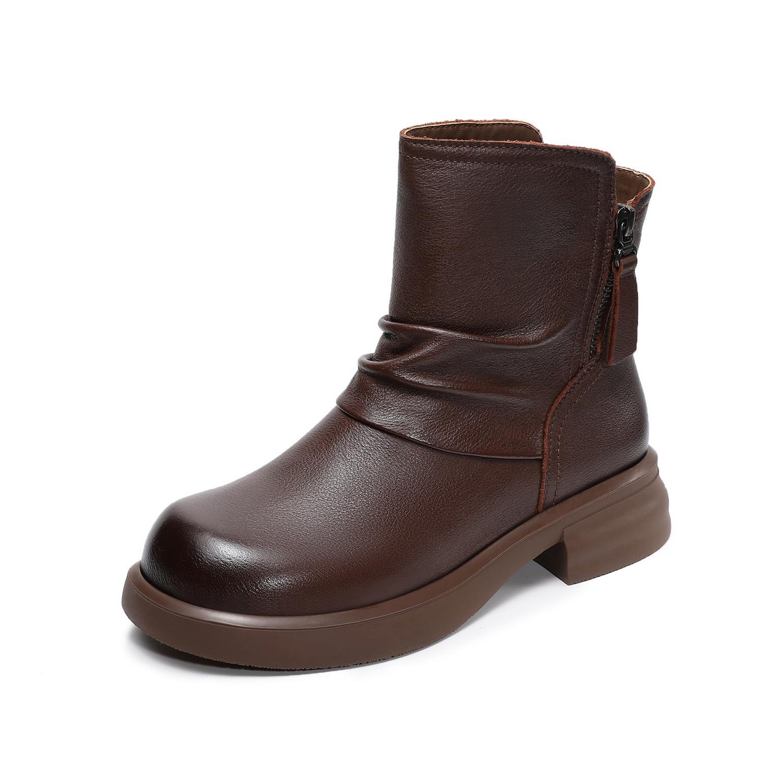 

Johnature Genuine Leather Thick Heel Short Boots Vintage Pleated Double Zipper Women s Boots 40 коричневый