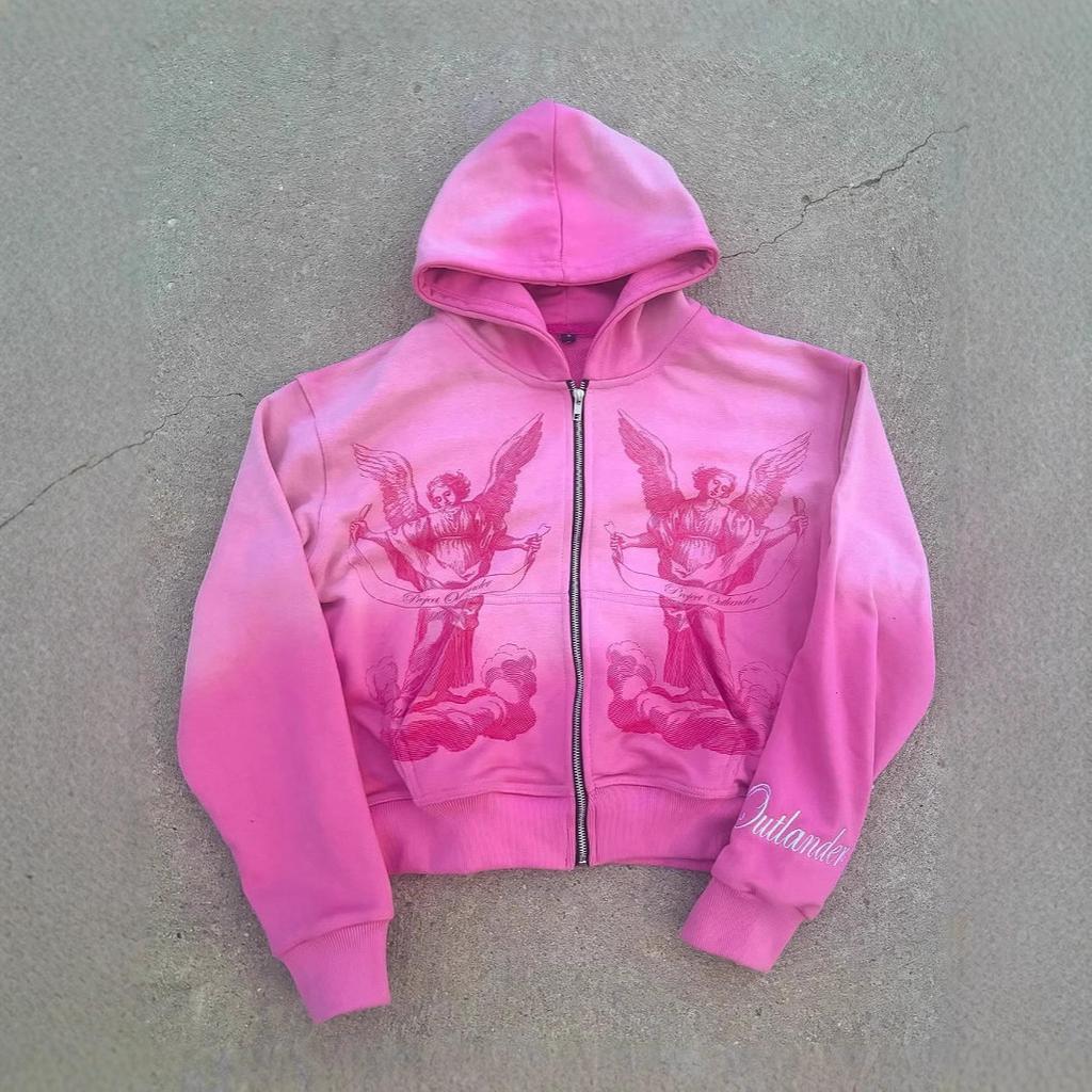 American hip hop rock pink design color cardigan hooded sports sweater jacket top gradual change coat spot