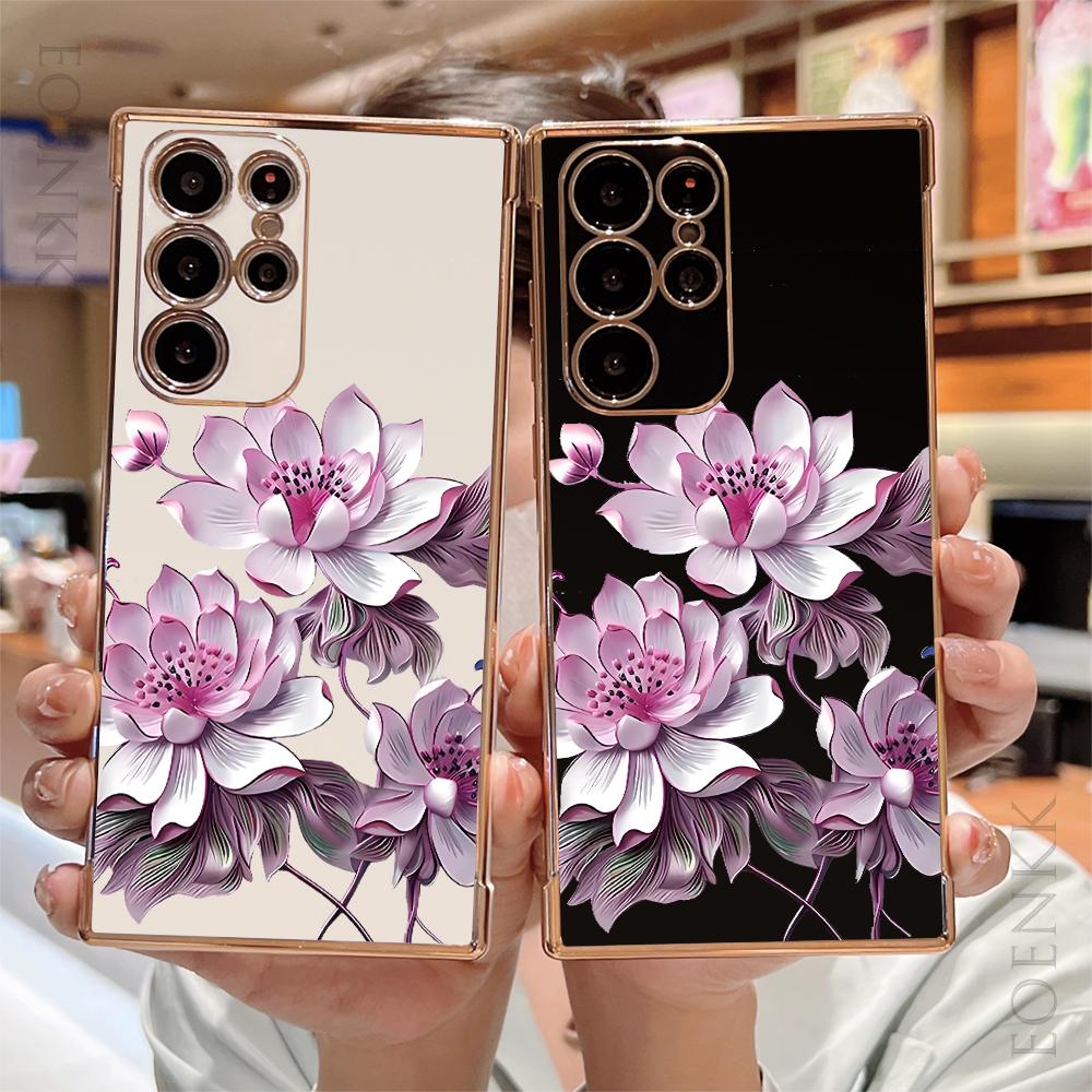 Luxury Plating Phone Case For Samsung Galaxy Note 10 20 Lite S24 S23 S22 S21 S20 Ultra FE Plus 5G Pink Lotus Silicone Soft Cover
