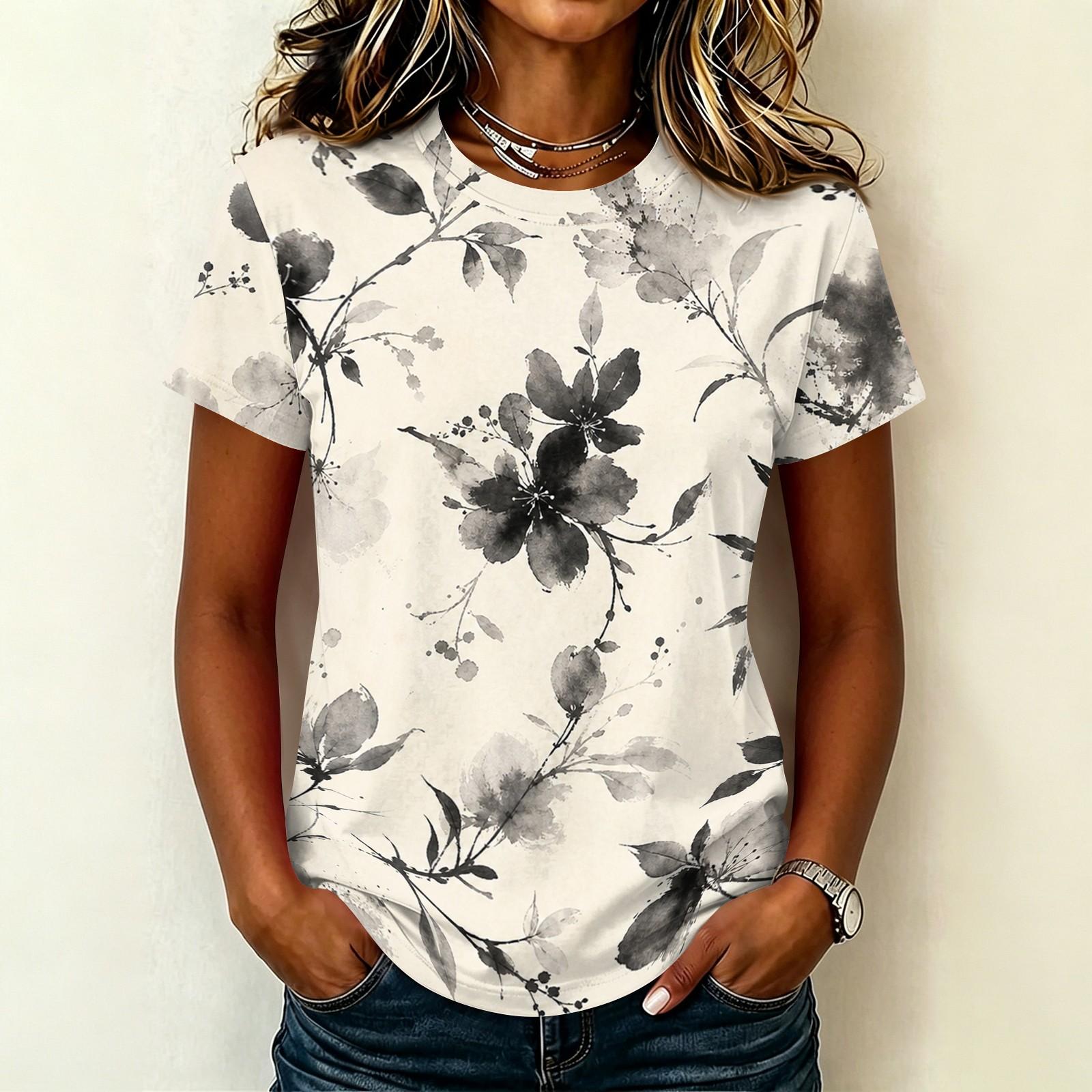 Women s Floral Print T-Shirt Short Sleeve Neck Casual Summer Top Soft Cotton Tee S