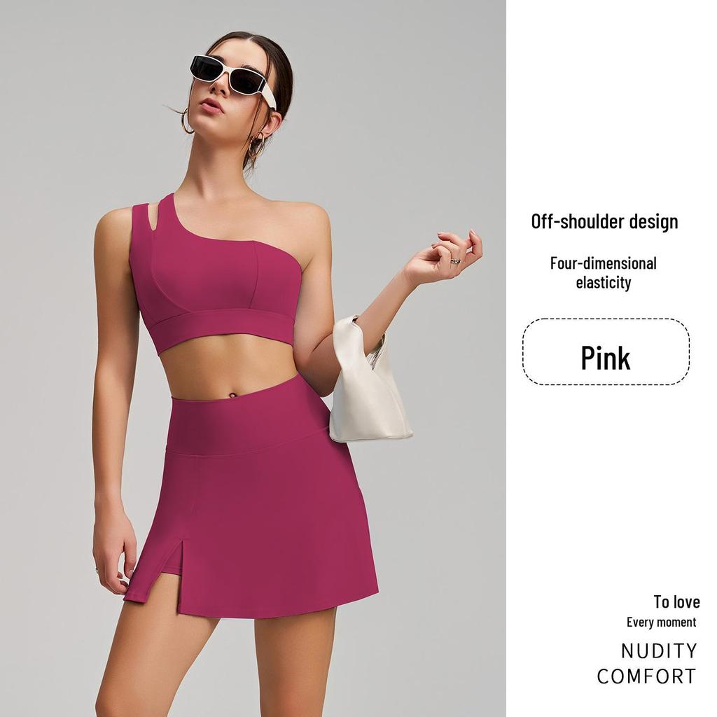 New Style Nude Feel One-Shoulder Yoga Set with High-Waisted Breathable Skirt for Tennis & Running