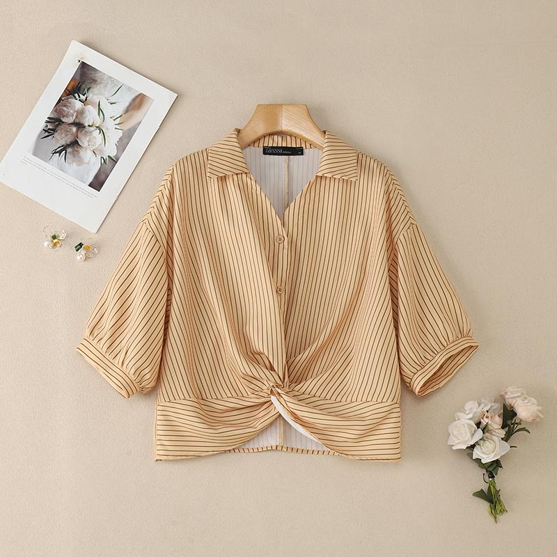 

ZANZEA Women Classic Collar Summer Short Sleeve Loose Stripe Blouse 5XL хакі