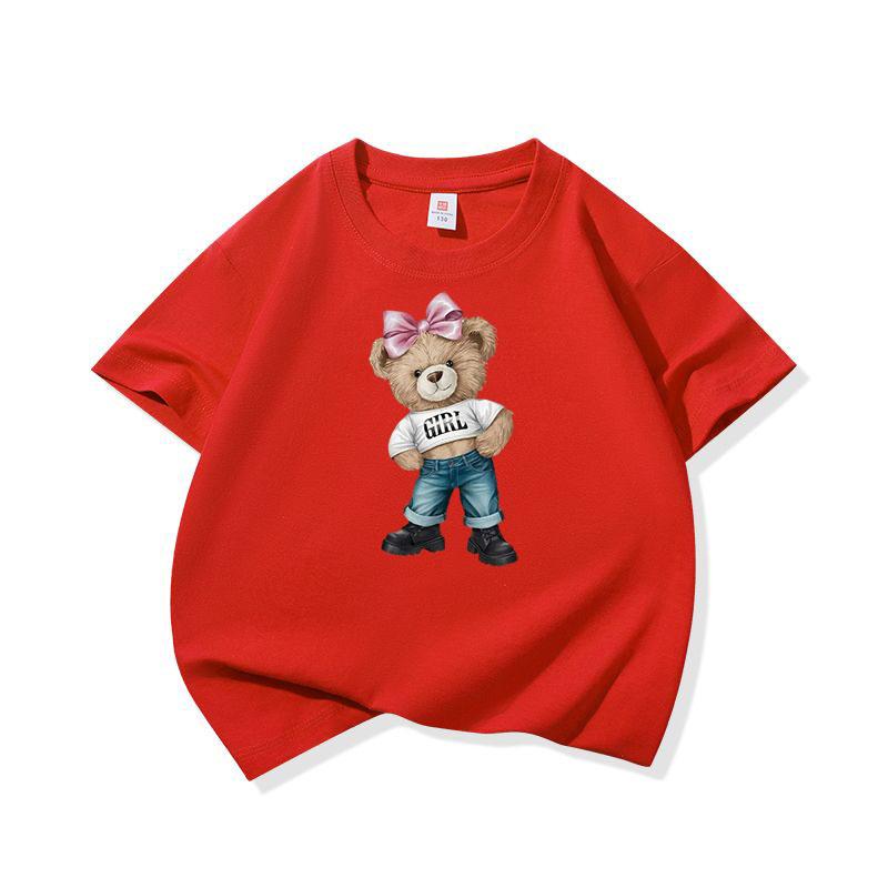 Girl Bear With Pink Bow Graphic Tee Kids Pure Cotton Crew Neck T Shirt Short Sleeve Muticolor Tops For Boys Girls Children