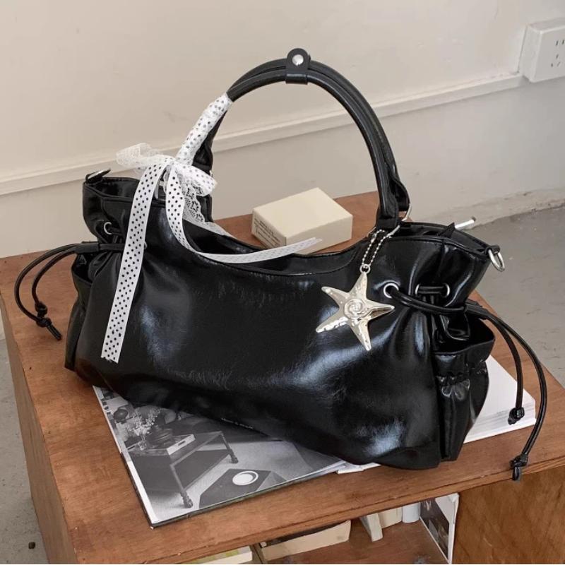 Brand Bow Lace Tote Bag Women Large Capacity Star Charm Handbag Soft Leather Drawstring Shoulder Bag Korean Commut Bucket Bag