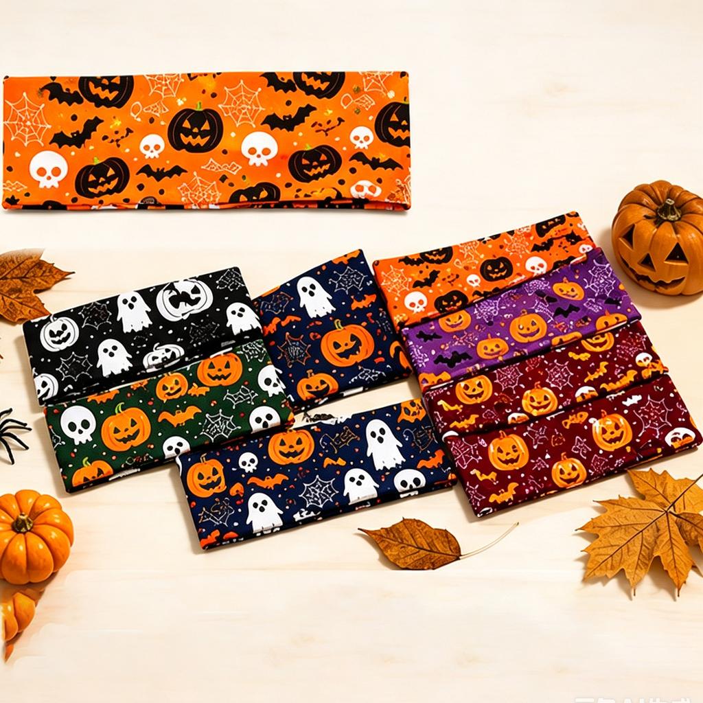 Halloween Themed Headband for Women Stretchy Party Headwear Ghost Pumpkin Spider Web Bat Print Fashion Hair Accessory