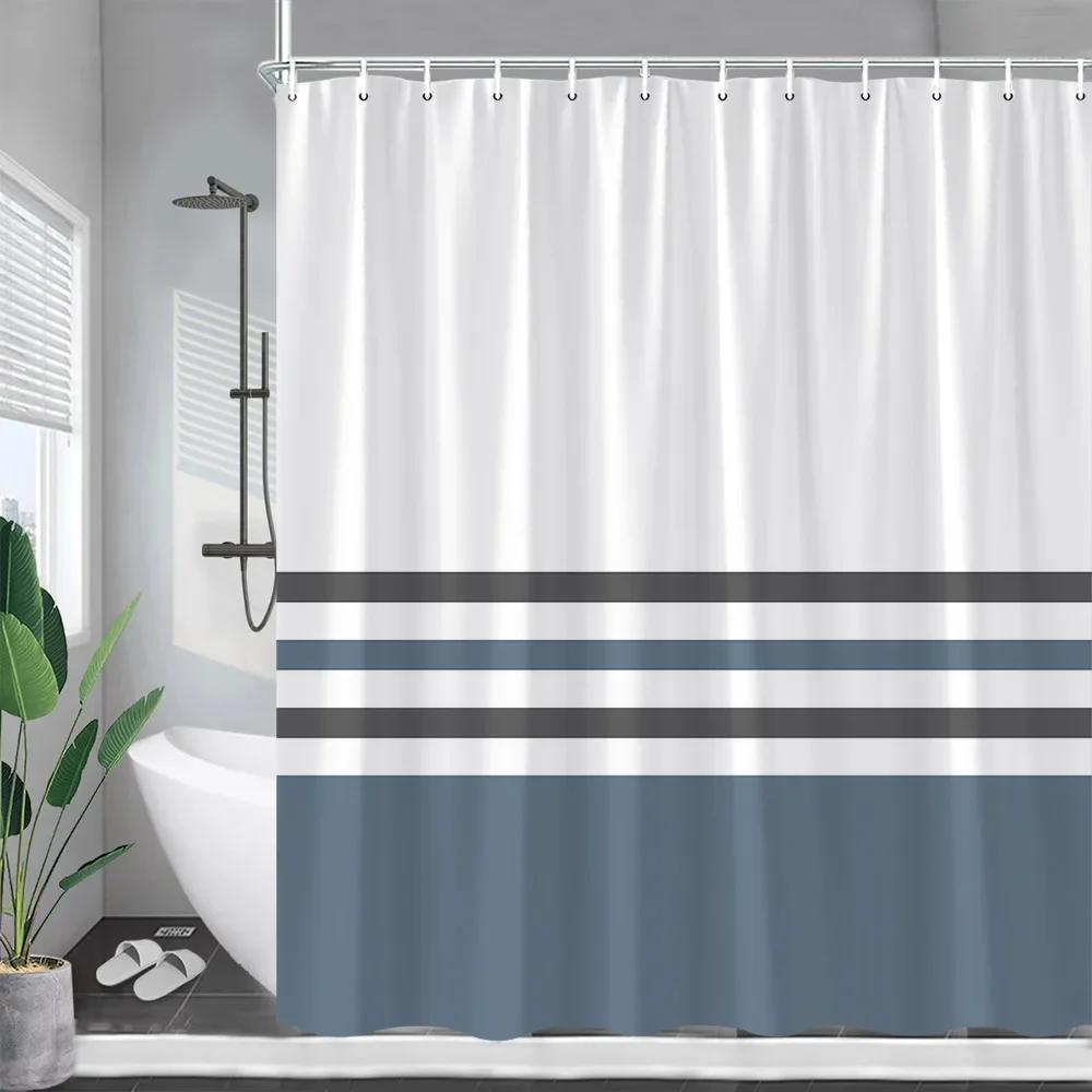 

Blue And White Striped Shower Curtains Grey Geometric Modern Minimalist Polyester Fabric Bath Curtain Bathroom Decor With Hooks W60H190(CM)-1 Pcs