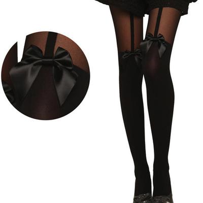 Vintage Tights Bow Pantyhose  Mock Bow Suspender Sheer Stockings