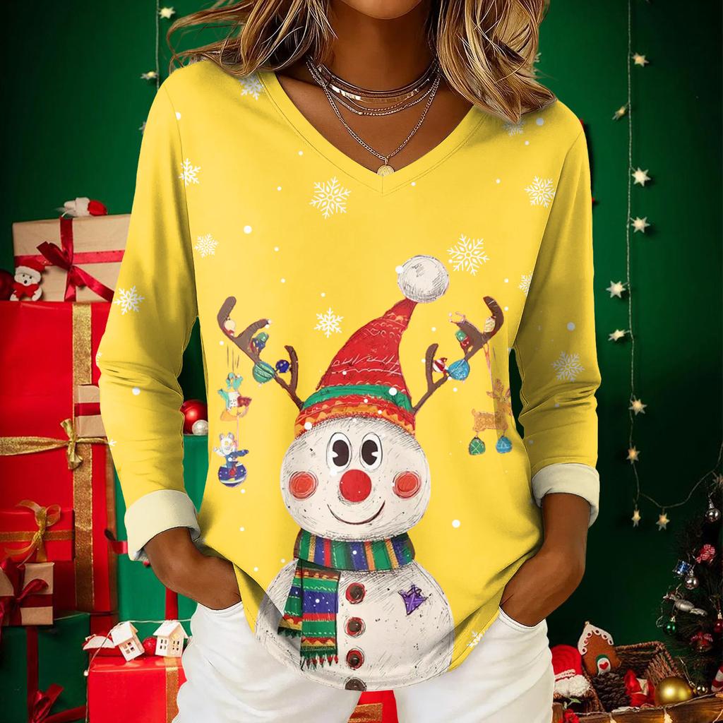 Women's Christmas Print Casual V-Neck Long Sleeve Top