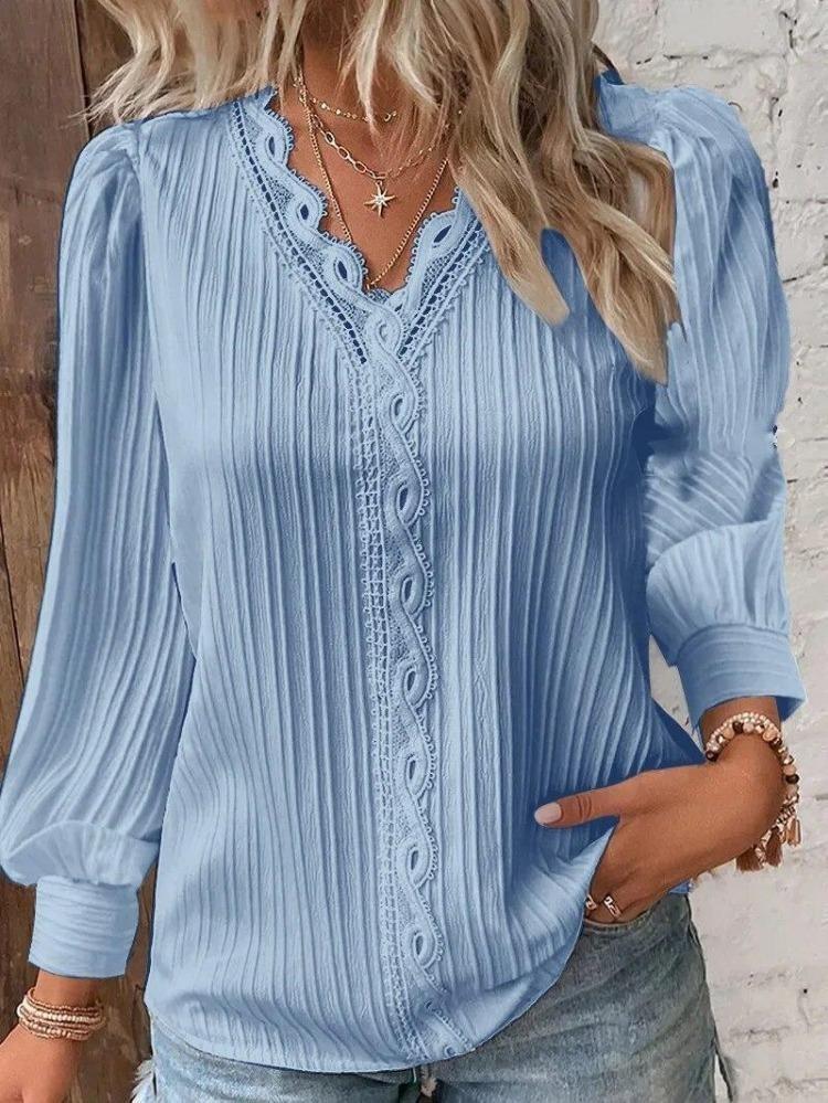 Fashion Lace Patchwork Blouse Elegant Womens White Shirt Long Sleeved V Neck Loose Fitting Office Casual Tops