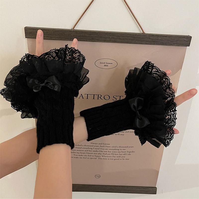 Lace Multilayer Flower Cuff Sweet Bow Decoration Hand Sleeves White Summer Ladies Ruffle Fingerless Wedding Gloves