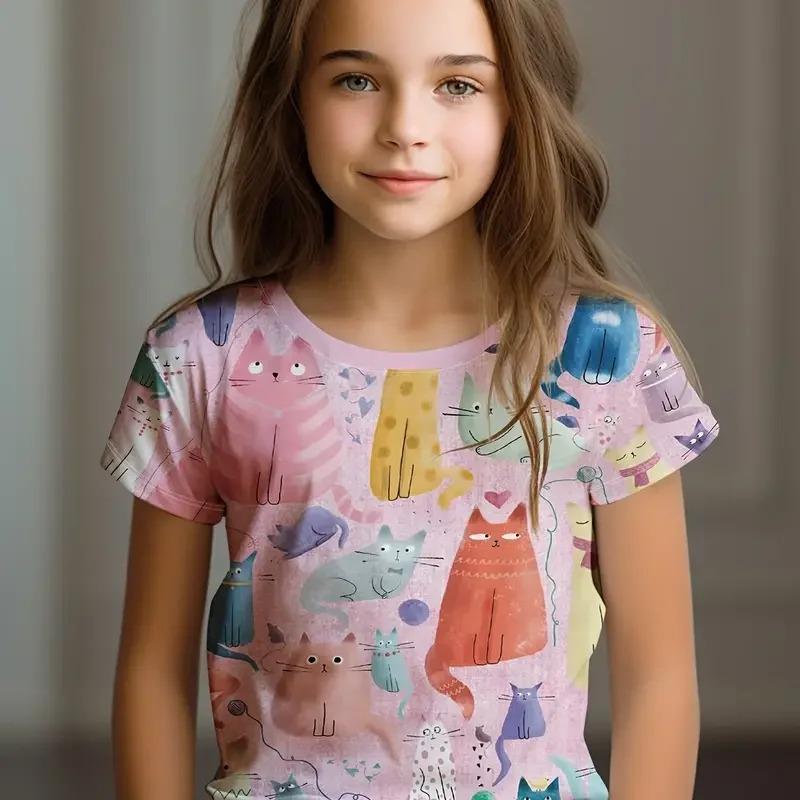 Kids Clothes Children's T-Shirt Girl Short Sleeve Top Cartoon Cat Kawaii Girls Summer Clothes Child T-Shirt
