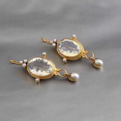 Cercei vintage ovali încrustați cu pietre albe, atârnați, din metal, cu imitație de perle, cercei lungi de petrecere la modă pentru femei