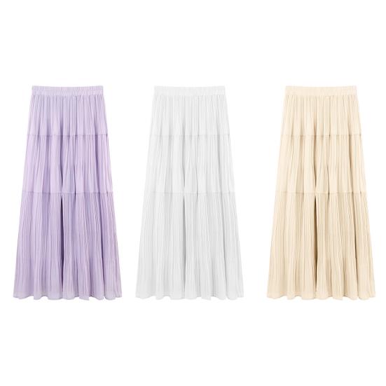 Women Maxi Skirt Elastic High Waist Flowy Hem Long Skirt Solid Color Splicing Design Slimming Skirt Daily Wear