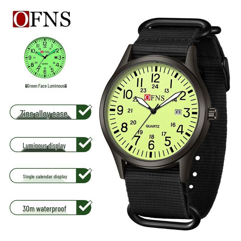 OFNS Men s Quartz Watch with Nylon Strap, Waterproof, Luminous, Large Numbers, and Single Calendar