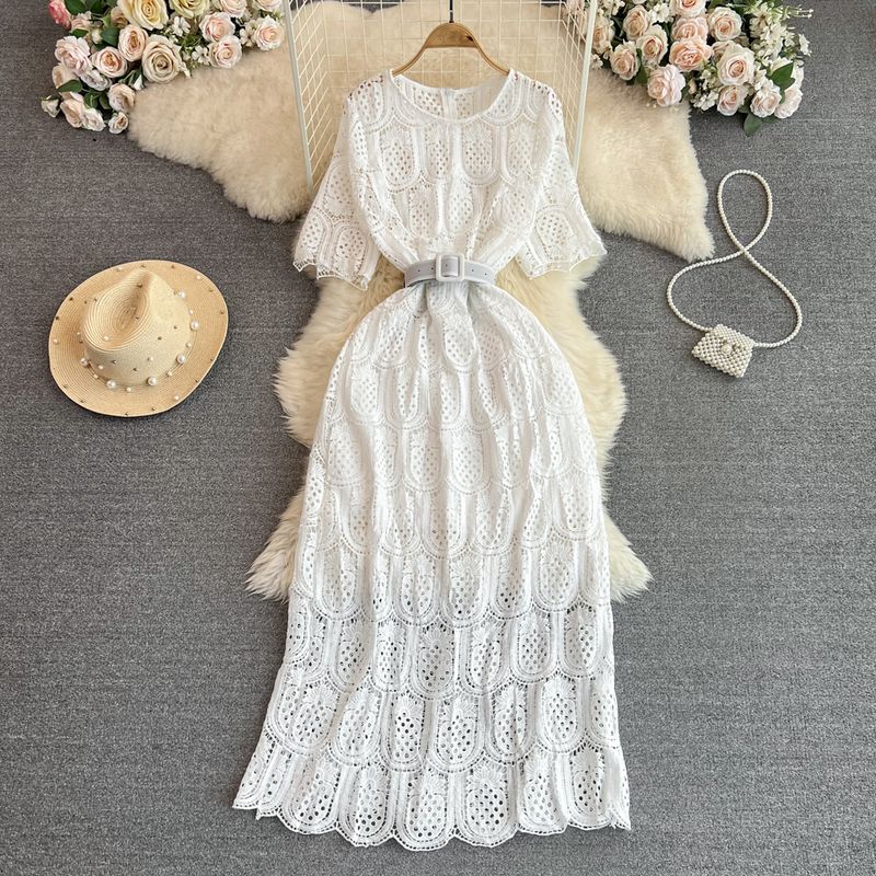 Summer Retro Cut Out Lace Dress Elegant Short Sleeve