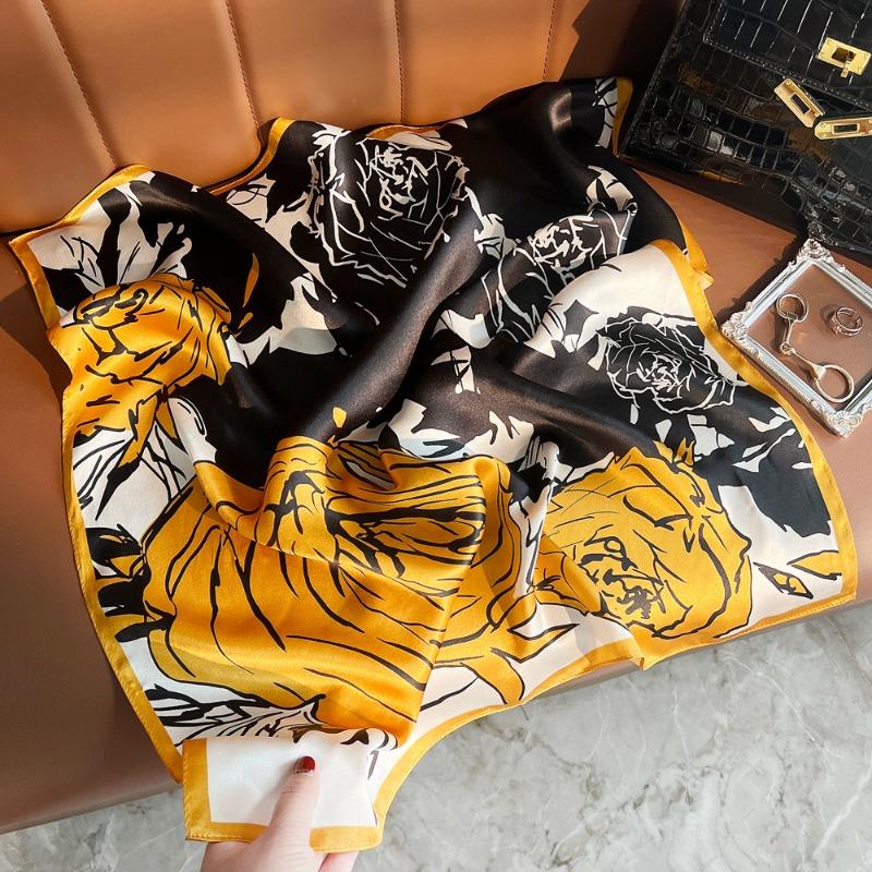 

Spring new mulberry silk plain crepe satin black and yellow rose printed silk scarf women s light luxury versatile silk small square scarf 68cm