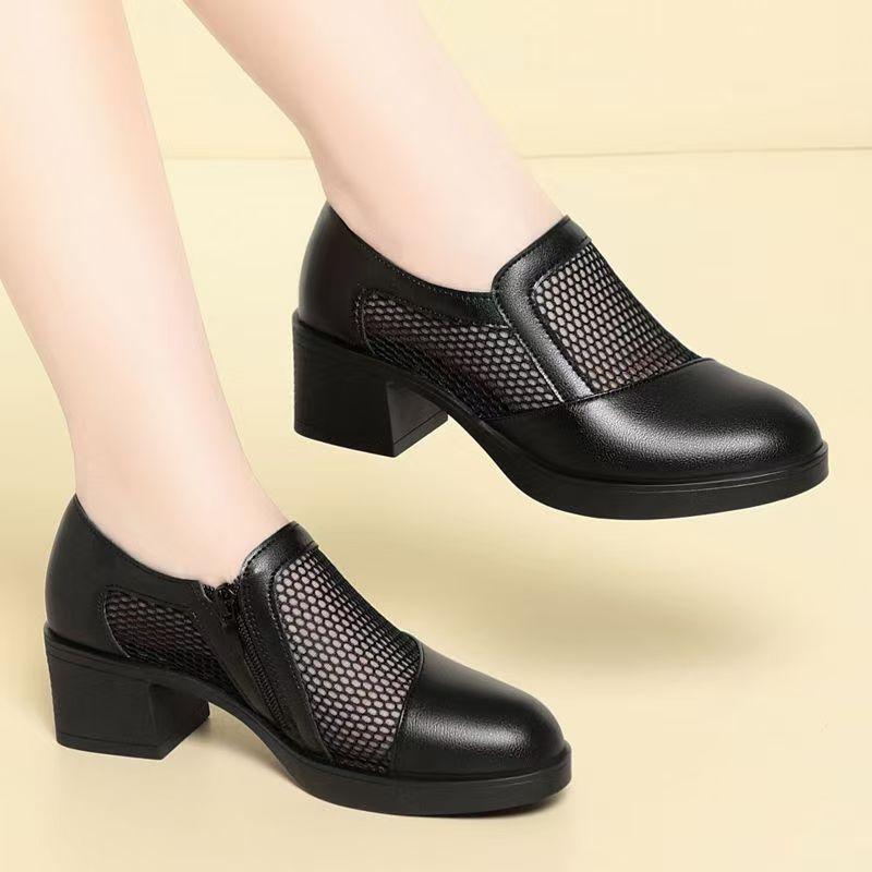 Women's Summer New Mesh Block Heel Sandals Round Toe Low Top Thick Sole Breathable Zippers Sandals High Heel Ankle Cool Boots