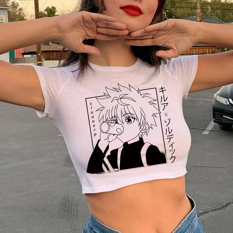Crop Top Hunter X Hunter T Shirt Japanese Anime Killua Zoldyck Hisoka Cartoon Cute Manga T-shirt Kurapika HxH Tshirt Tees Female