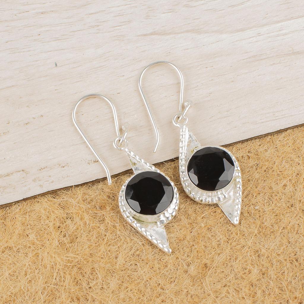 Black Onyx Gemstone Silver Jewelry, 925 Sterling Silver Earrings, Handmade Designer Onyx Earrings Gift For Catholics