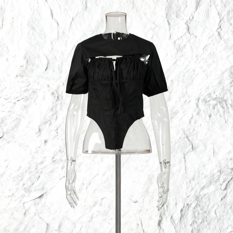 

Sexy Hot Girl Solid Color Two-piece Women s Bubble Sleeve Blouse + Personalized Irregular Vest Set L чорний