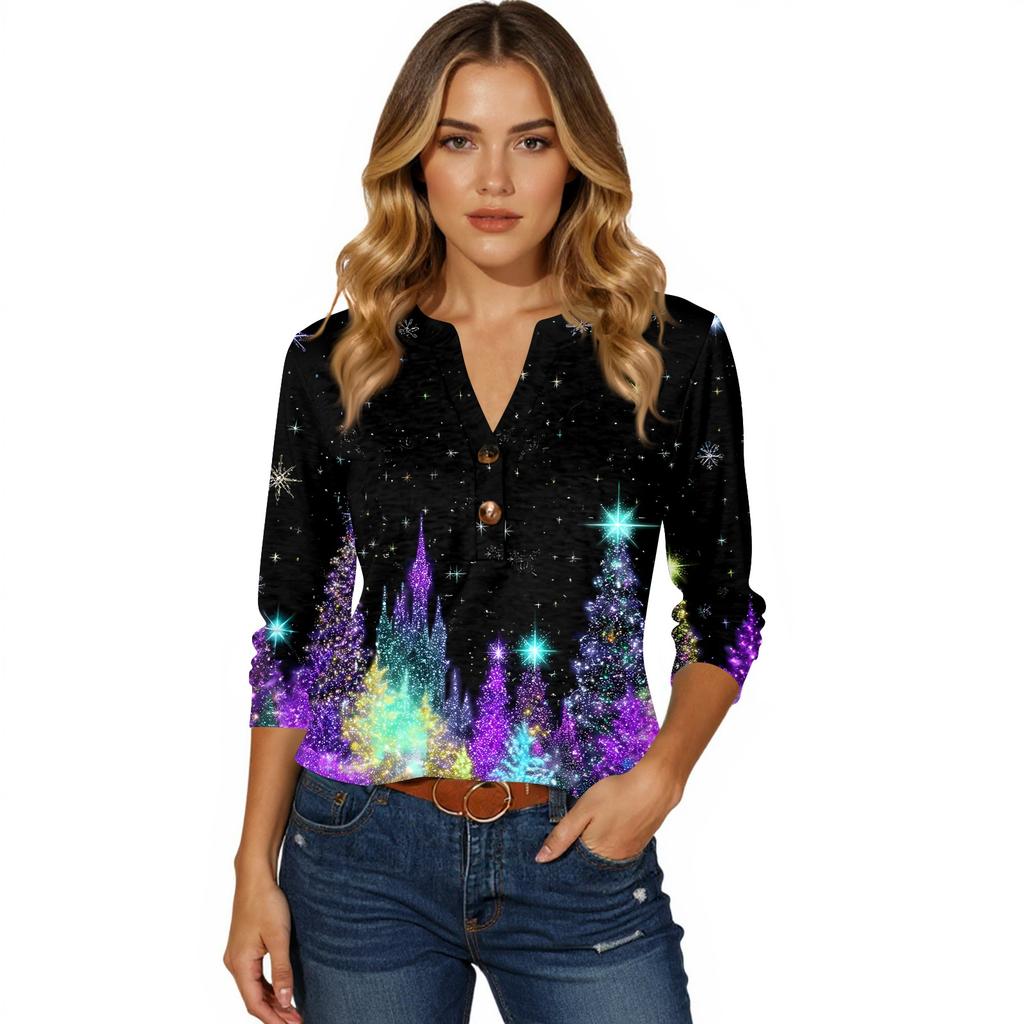 Women's T Shirt Christmas Print Button 3/4 Sleeve Daily Weekend Fashion Basic V- Neck Regular Top