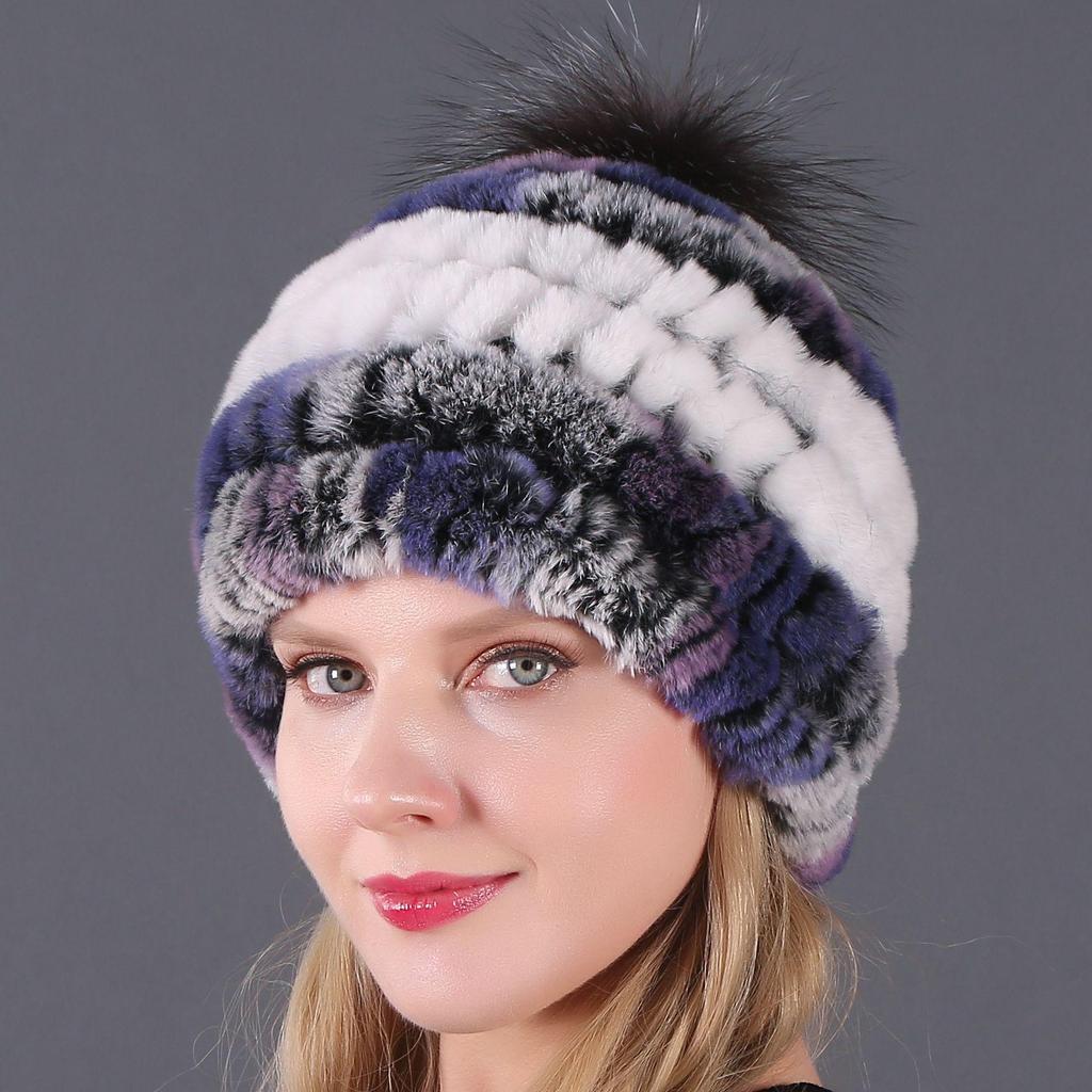 Women's Fur Hat with Rex Rabbit and Fox Fur Pompon for Autumn and Winter