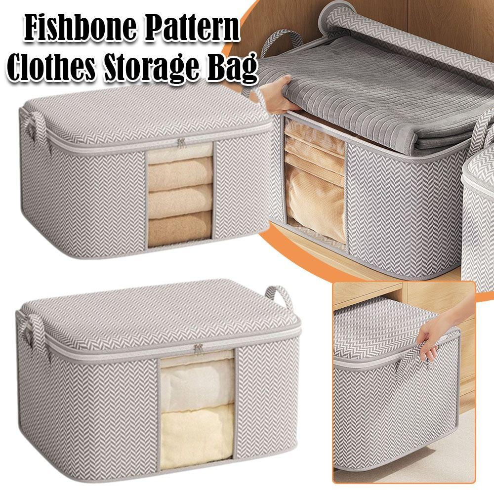 Non-woven Clothes Storage Bag Visible Dustproof Quilt Storage Bag Fishbone Pattern Foldable Storage Box