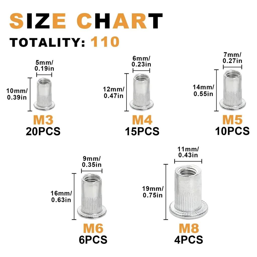 hreaded Rivet Nuts Assortment M3 M4 M5 M6 M8 M10 M12 Stainless Steel Aluminum Rivnuts Insert Nutserts for Automotive Repair and