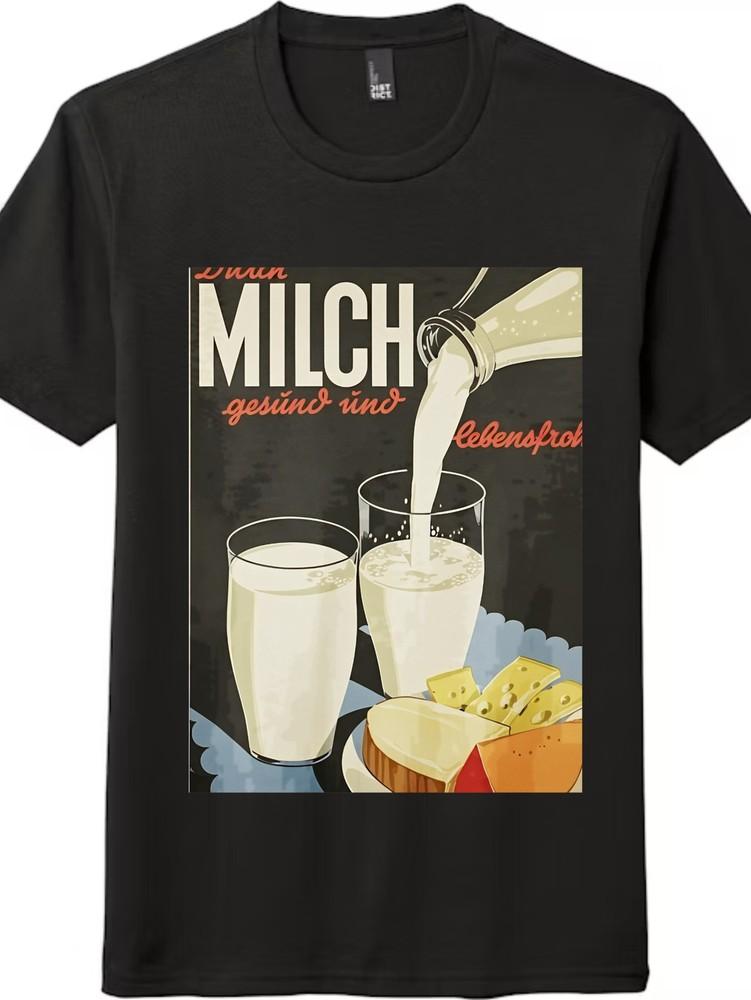

Vintage Milkand Cheese Themed Printed Tee,European Nostalgic Style Short-sleeve Top 4XL