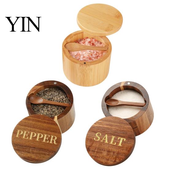 Seasoning Container with Spoon Wood Salt Swivel Magnetic Lid, Built-in Small Cellar for Countertop Jar, Moisture Proof Spice Kitchen Solid Box