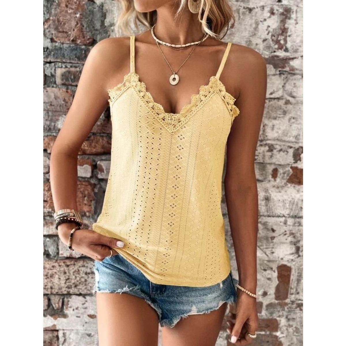 

Летняя новая женская майка-топ на бретелях с V-образным вырезом и кружевом S жёлтый