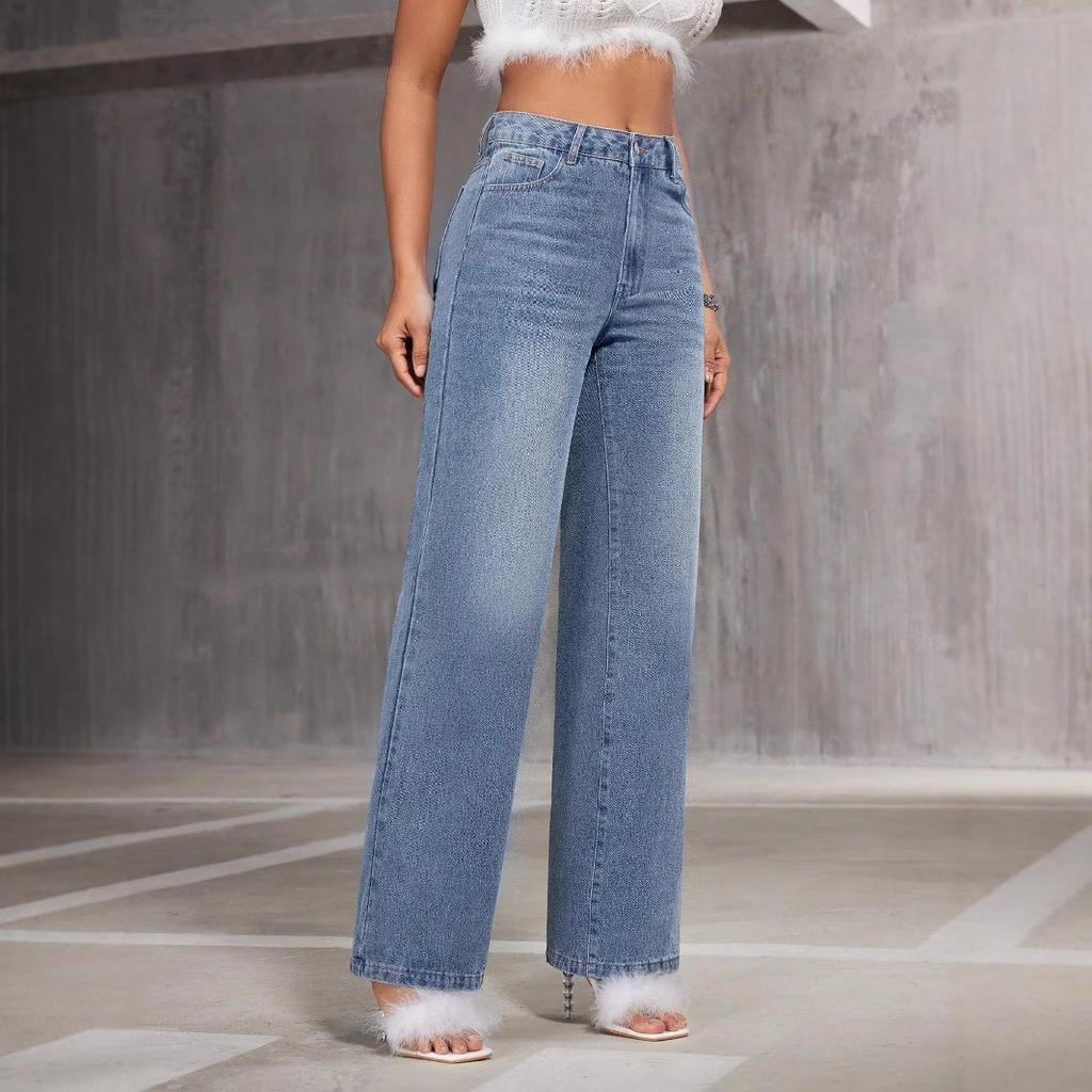 Pantaloni de damă cu picioare drepte, pantaloni lați, blugi cu talie înaltă