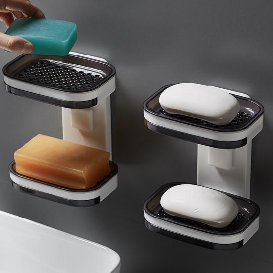 Soap Box Double Layer Shower Soap Dish with Strong Suction Cup Easy to Install No Drilling Wall Mounted Soap Tray