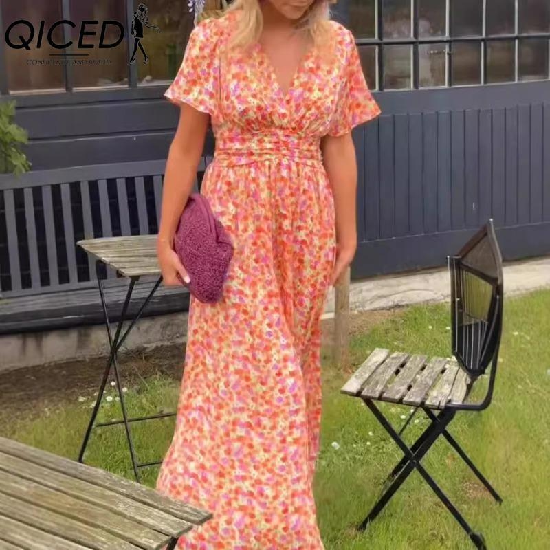 QICED Women's Fashion Summer Spring Short Sleeve V-Neck Casual Dresses