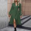 YYFS Women's Fashion Spring Fall Solid Color Print Long Sleeve V-Neck Middle Waistline Casual Dresses